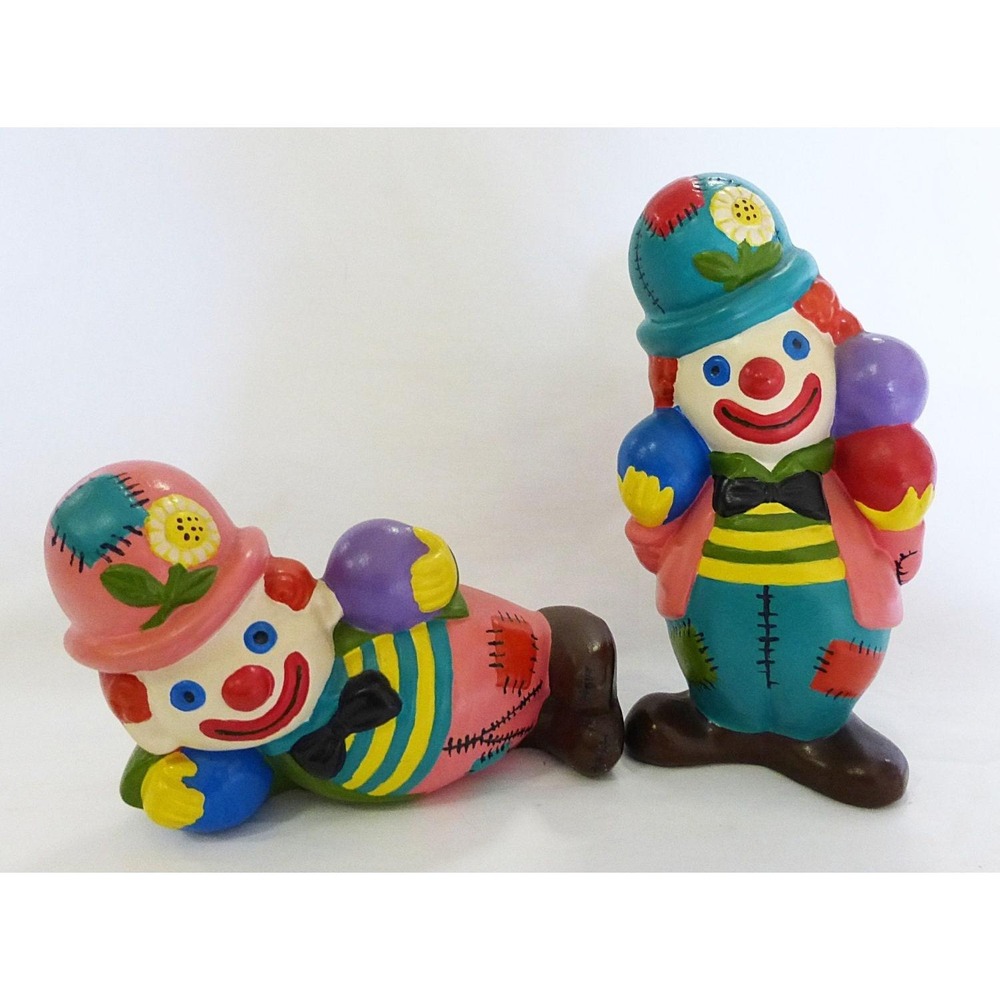 Vtg ceramic clown figurine home decor set of 2‎ signed hand painted whimsical